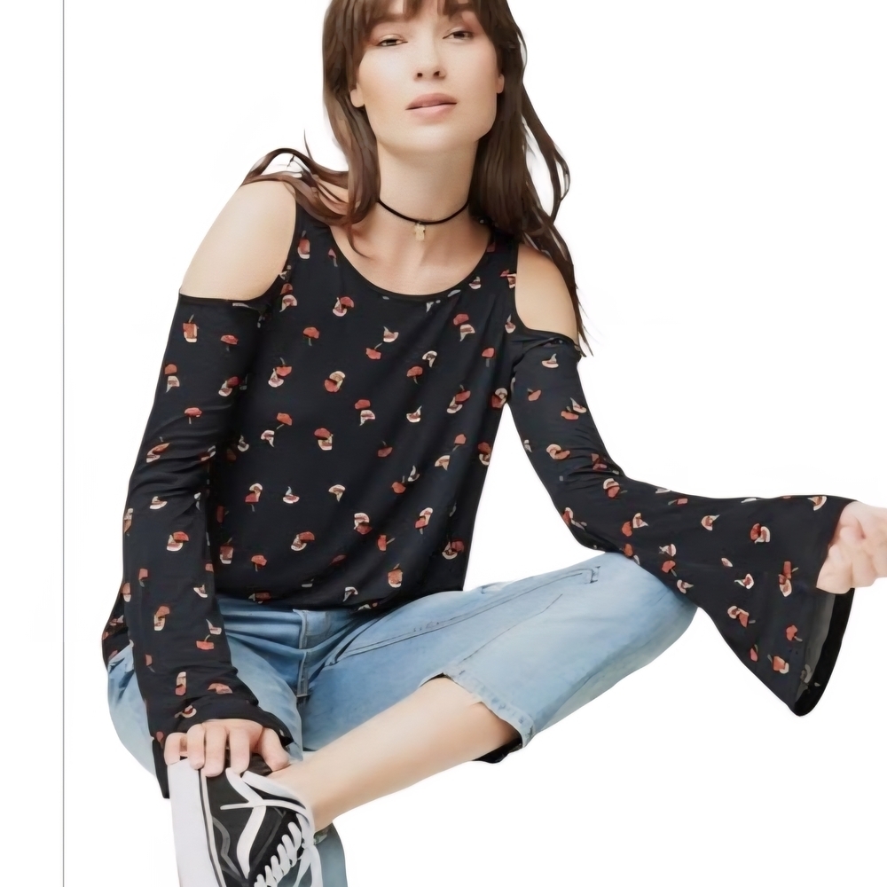 Aeropostale Black Floral Bell Sleeve Top